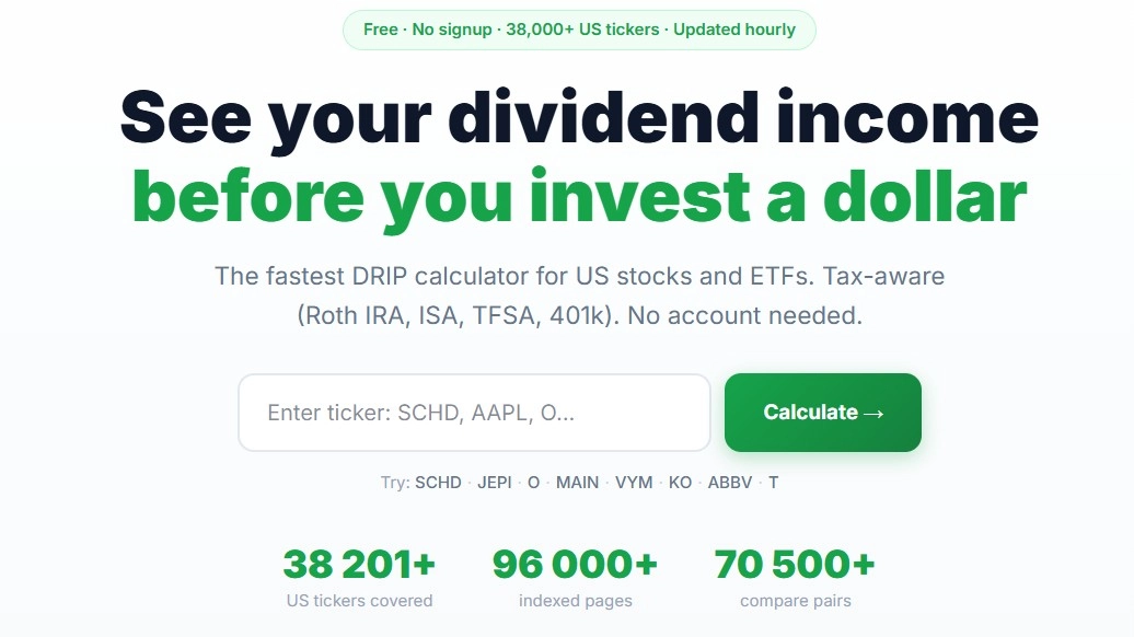 DividendFlow - Free Dividend Calculator & DRIP Returns | 10,000+ US Stockss background